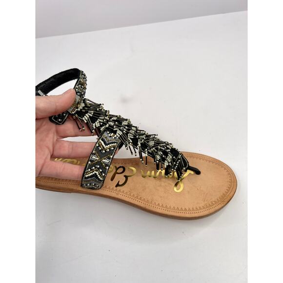 Sam Edelman Size 8 Beaded Fringe Gladiator Sandals Black Gray White NWOB - Picture 5 of 12